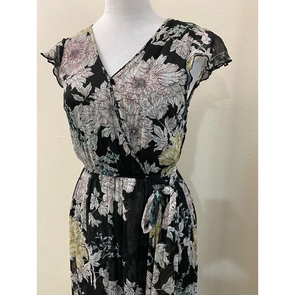 Band of Gypsies Floral Maxi Dress Black Double V Neck Back Tie Flowy Praire - S - Picture 2 of 8